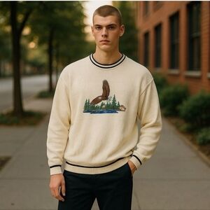Vintage 80s Shenandoah Chunky Cream Sweater Embroidered Bald Eagle Design Mens L